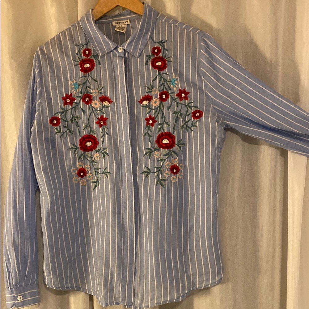 Dizzy Lissy Blue Striped Shirt with Red Floral Embroidery